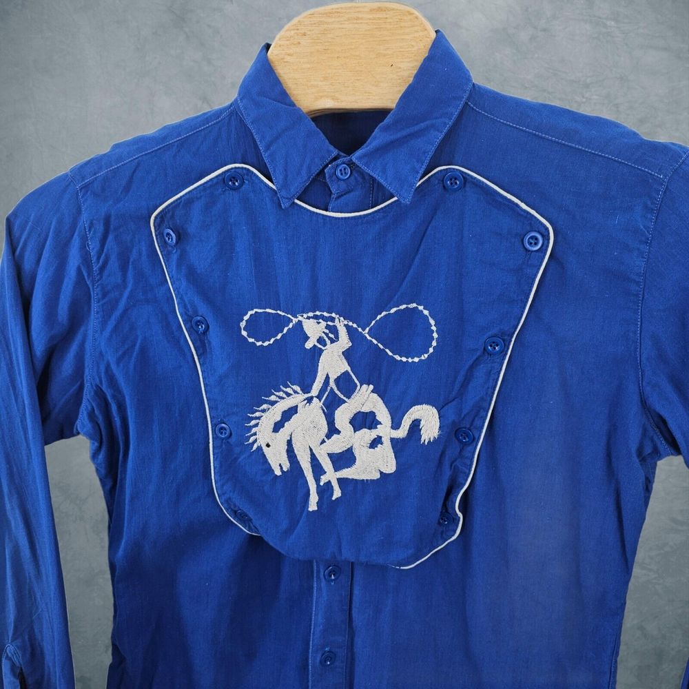 Vintage Madman Western Shirt Size Large Blue Embroidered Rockabilly Cowboy Rare